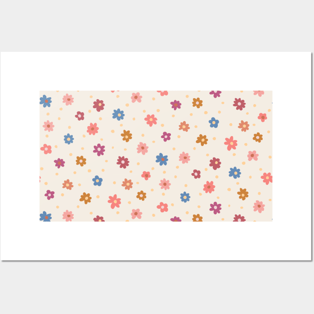 Scattered Daisy field with  orange, pink and blue floral on warm cream background Wall Art by FrancesPoff